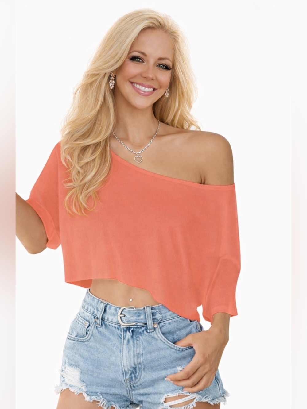 🍊🪸 Coral Off-Shoulder Top | Flowy Summer Crop Tee | SIZE SMALL